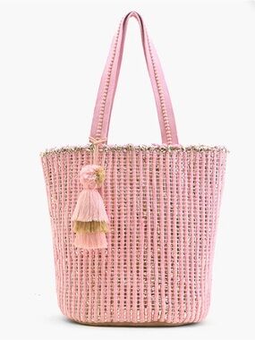 America & Beyond Pink Woven Tote Bag with Tassel